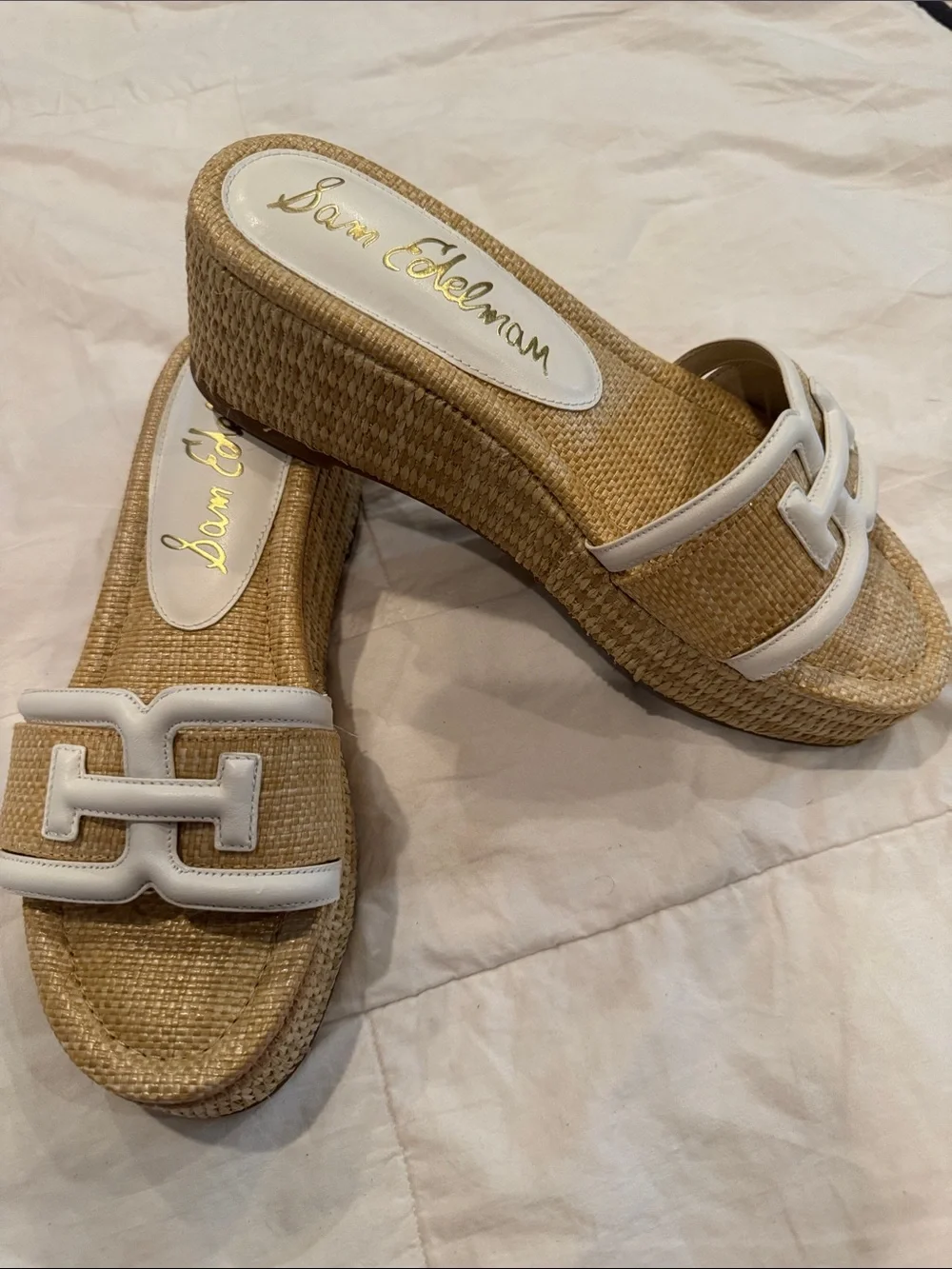 Sam Edelman Natural Raffia Wedge Sandals with White Trim